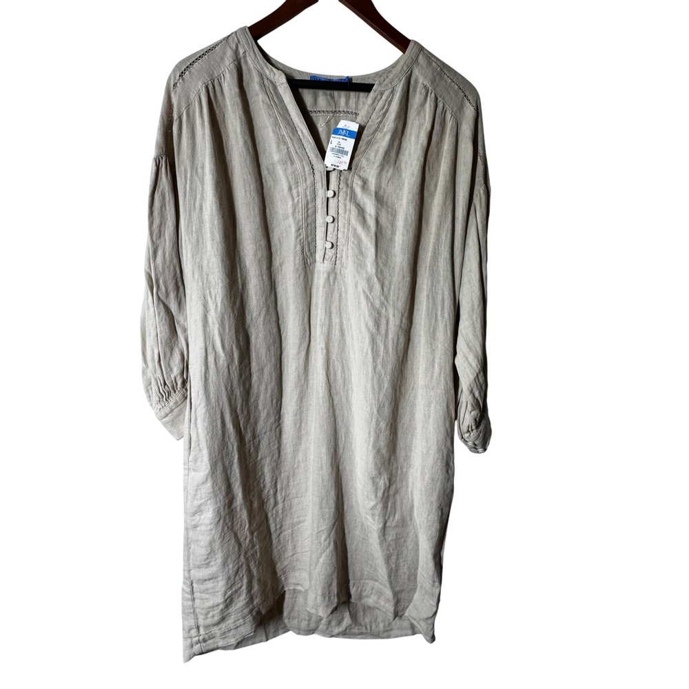 JM Collection Womens Tan 3/4 Sleeve Button Up Linen Blend Dress Size Large